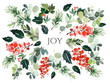 Christmas watercolor postcard.Christmas watercolor card with floral elements