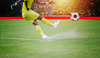 soccer or football player standing with ball on the field for Kick the soccer ball at football stadium