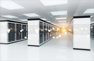 Poster - servers data center room with bright bokeh light going through the corridor 3d rendering