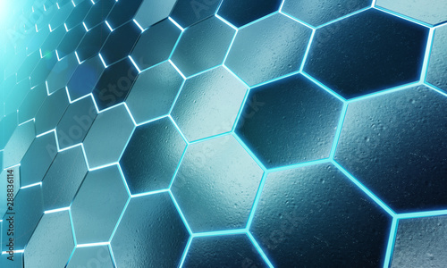 Glowing black and blue hexagons background pattern on silver metal surface 3D...