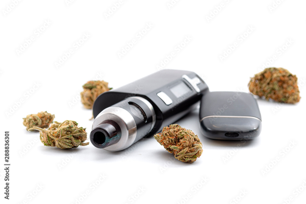 CBD and THC vaping products, dry herb vaporizer and healthy inhaling of  cannabis concept theme with e cigarette and vape mod surrounded by  marijuana buds isolated on white background Stock Photo |