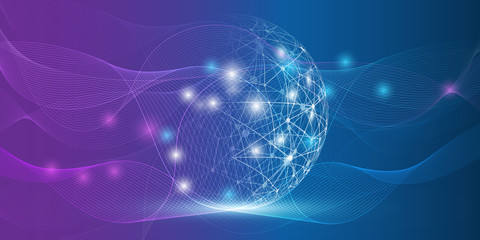 Poster - Abstract Purple and Blue Futuristic Modern Style Cloud Computing, Networks Structure, Telecommunications Concept Design, Network Connections with Transparent 3D Wavy Mesh - Vector Illustration