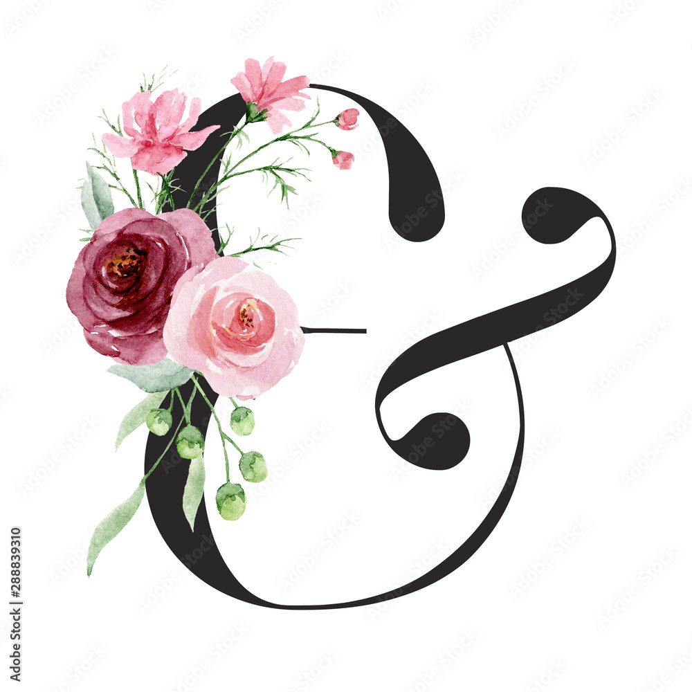 Floral alphabet, letter & with watercolor flowers and leaf. Monogram ...