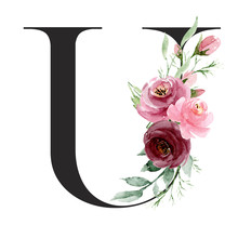 Floral Alphabet, Letter U With Watercolor Flowers And Leaf. Monogram Initials Perfectly For Wedding Invitations, Greeting Card, Logo, Poster And Other Design. Holiday Design Hand Painting.