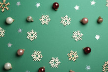 Frame Made Of Christmas Decorations On Green Background, Top View With Space For Text. Winter Season