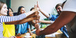 © My Ocean studio - Group of happy, excited and successful modern people in office. Start up business team are holding hands together in circle. Company of young students are celebrating some win.