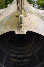 Fragment Of The Back Of The Fuselage Of The Soviet Jet Bomber. Aviation Background. Military Metal Background. Close-up