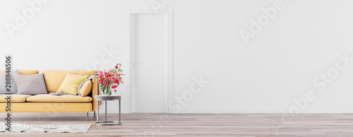 Download Free Living Room Interior Wall Mock Up With Pastel Yellow Sofa Empty White Wall With Free Space On Right 3d Render 3d Illustration Buy This Stock Illustration And Explore Similar Illustrations At PSD Mockup Template