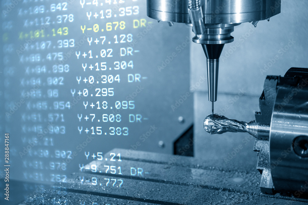 The abstract scene of G-code data background and the 5-axis CNC milling ...