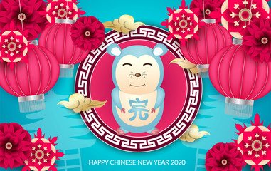 Wall Mural - Happy Chinese New Year 2020 with illustrations of barongsai and mouse cartoon with typical Chinese flower elements