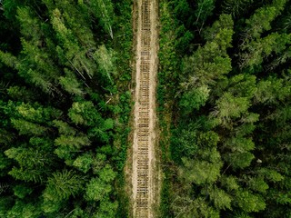 Wall Mural - Aerial view of railroad tracks with green forest and trees in rural Finland