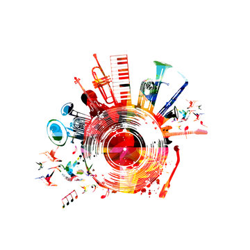 music background with colorful music instruments and vinyl record disc vector illustration. music fe