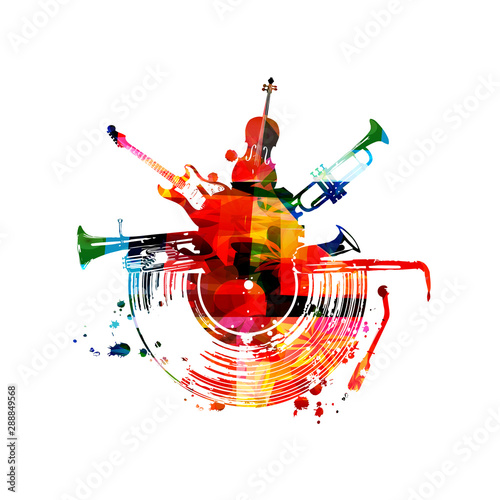 Dekoracja na wymiar  tlo-muzyczne-z-kolorowymi-instrumentami-muzycznymi-i-plyta-winylowa-na-bialym-tle-ilustracji-wektorowych