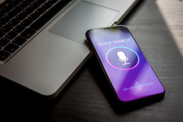 Poster - Voice search technology, sound recognition, siri speech detect and deep learning concept. Application with microphone and wave icon on mobile phone screen.
