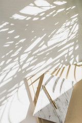 Wall Mural - Home office workspace background with notebook on white background with plant shadow. Flat lay, top view minimal lady boss lifestyle concept.