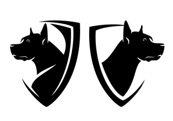 Wall Mural - great dane head and heraldic shield - guard dog insignia badge black and white vector design set