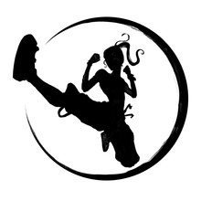 Silhouette Of A Girl Martial Artist Doing A Kick Jump . 2D Illustration.