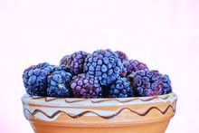 Frozen Blackberries And Red Unripened Ones, With A Layer Of Frost On Top, In A Traditional, Rustic Clay Pot, On A Light Pink Background, Under Tungsten Light Casting A Blue Artistic Color. Close Up.