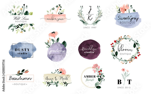 Cuadros en Lienzo premade logo with floral and brush stroke watercolor collection