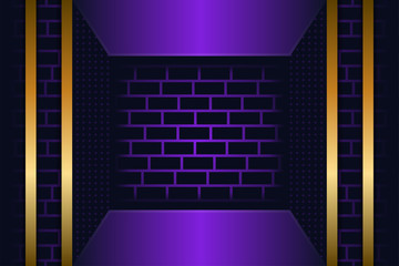 Poster - modern geometric background with purple and gold  as basic colors in layout. Brick pattern on side and center. 