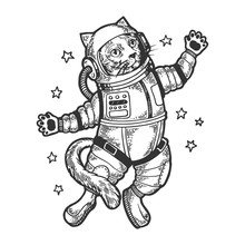 Cat Astronaut Spaceman In Space Sketch Engraving Vector Illustration. Tee Shirt Apparel Print Design. Scratch Board Style Imitation. Black And White Hand Drawn Image.