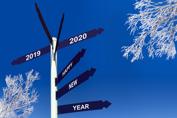 Wall Mural - Happy new year 2020 on direction panels, snowy trees