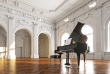 Black Grand Piano In White Classic Room 3d Render
