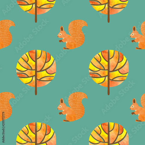 Seamless autumn pattern with watercolor squirrels and trees. Vector fall back...