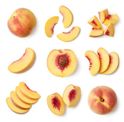 set of fresh whole and sliced peach fruit