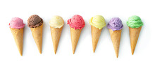 Various Varieties Of Ice Cream In Cones Isolated