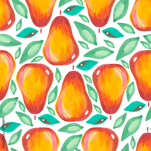 Fotomural Illustration hand-painted acrylic gouache Seamless pattern Exotic fruit pear leaf on white background