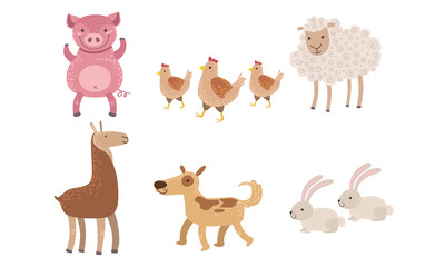 Canvas Print - Cute Farm Animals Set, Pig, Sheep, Goose, Rabbit, Alpaca, Vector Illustration