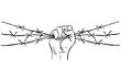 Barbed wire clenched in fist. Illustration on the theme of dictatorship and the Holocaust. Console camp. Barbed wire with hands.
