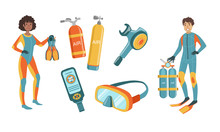 Snorkeling And Scuba Diving Elements Set, Scuba Diver Man And Woman Characters Dressed In Wetsuits With Equipment, Diving Mask, Oxygen Cylinders, Depth Gauge, Fins Vector Illustration