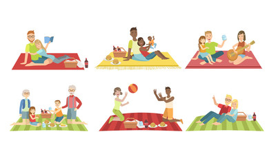 Sticker - Happy Families Having Picnic In Park Set, People Sitting On Plaids, Eating and Relaxing, Cheerful Family Couples and Kids Spending Time Together Vector Illustration