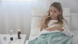 © CreativeZone - Sick Child in Bed, Ill Kid with Thermometer, Girl in Hospital, Pills Medicine