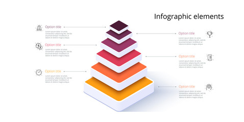 Business pyramid chart infographics with 6 steps. Pyramidal stages graph elements. Company hiararchy levels presentation template. Vector info graphic design.