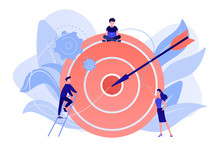 Businessmen Working And Woman At Big Target With Arrow. Goals And Objectives, Business Grow And Plan, Goal Setting Concept On White Background. Living Coral Blue Vector Isolated Illustration