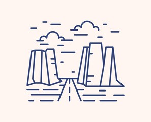 Poster - Highway in canyon outline vector illustration. Blue linear landscape isolated on white background. Countryside road, empty pathway between rocks monocolor line art signs. Clear way, straight path.