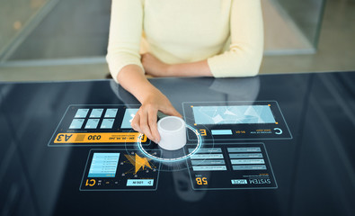 Poster - technology and people concept - close up of woman using rotary control knob on interactive panel wit