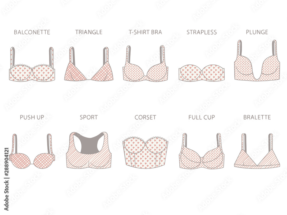 Types of women's bra with various print. Vector illustration