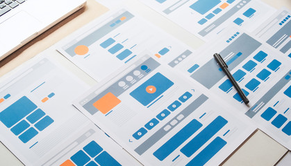 Poster - Website designer Creative planning application developer development draft sketch drawing template layout prototype framework wireframe design studio . User experience concept .