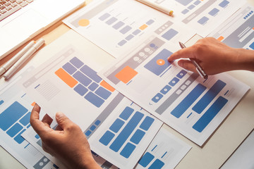 Poster - Website designer Creative planning application developer development draft sketch drawing template layout prototype framework wireframe design studio . User experience concept .