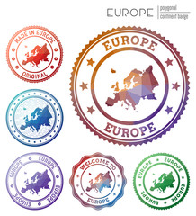 Wall Mural - Europe badge. Colorful polygonal continent symbol. Multicolored geometric Europe logos set. Vector illustration.