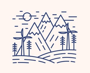 Aufkleber - Wind turbines outline vector illustration. Blue linear wind farm isolated on white background. Mountains and windmills monocolor line art signs. Environmentally safe power plant, energy source concept