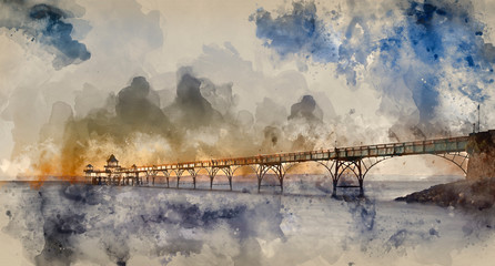 Wall Mural - Digital watercolor painting of Beautiful long exposure sunset over ocean with pier silhouette