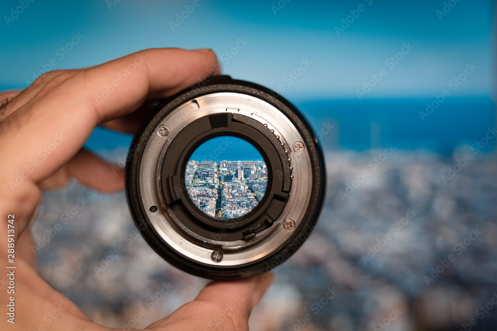 Barcelona general view through camera lens. Photography and travel concept. - obrazy, fototapety, plakaty 