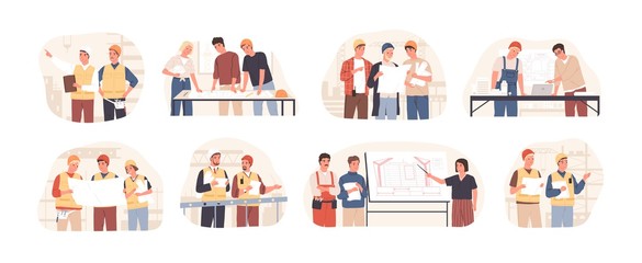 Poster - Builders and architects flat vector illustrations set. Architectural project planning, development and approval. Building industry concept. Professional contractors and engineers cartoon characters.