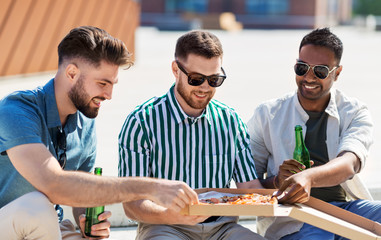 Poster - food, leisure and people concept - happy male friends drinking beer and eating takeaway pizza on street in summer