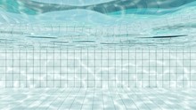 View Of Under Water In White Tiles Swimming Pool, With Bright Light Shines Into Water And Make The Caustic Light Shimmering On Side Of The Pool. 3D Illustration.
